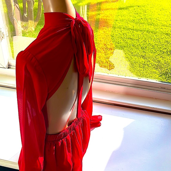 Red long sleeved open back sides cut out jumpsuit - Picture 2 of 4